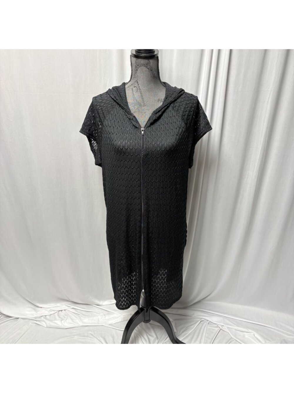 Jordan Taylor Black Mesh Hooded Cover-Up Womens Medium Zip Front Short Sleeve